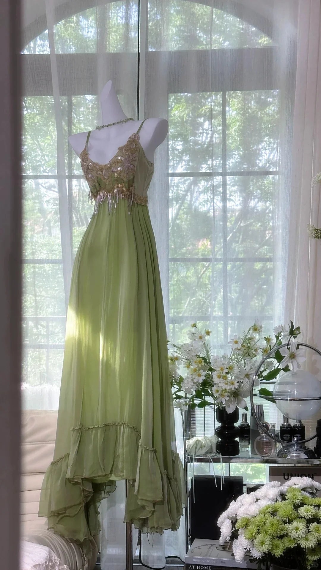 Vintage Spaghetti Straps Sequins Applique Green Long Prom Dress Party Dress