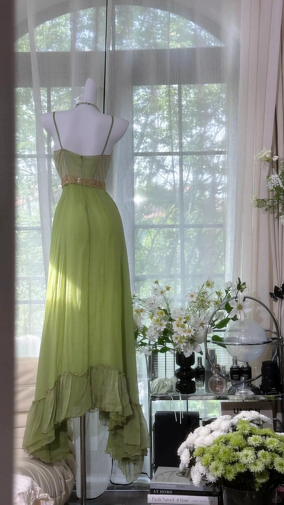 Vintage Spaghetti Straps Sequins Applique Green Long Prom Dress Party Dress