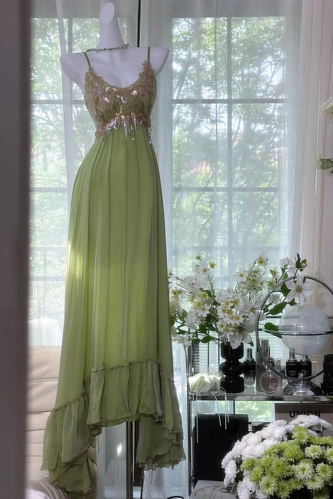 Vintage Spaghetti Straps Sequins Applique Green Long Prom Dress Party Dress