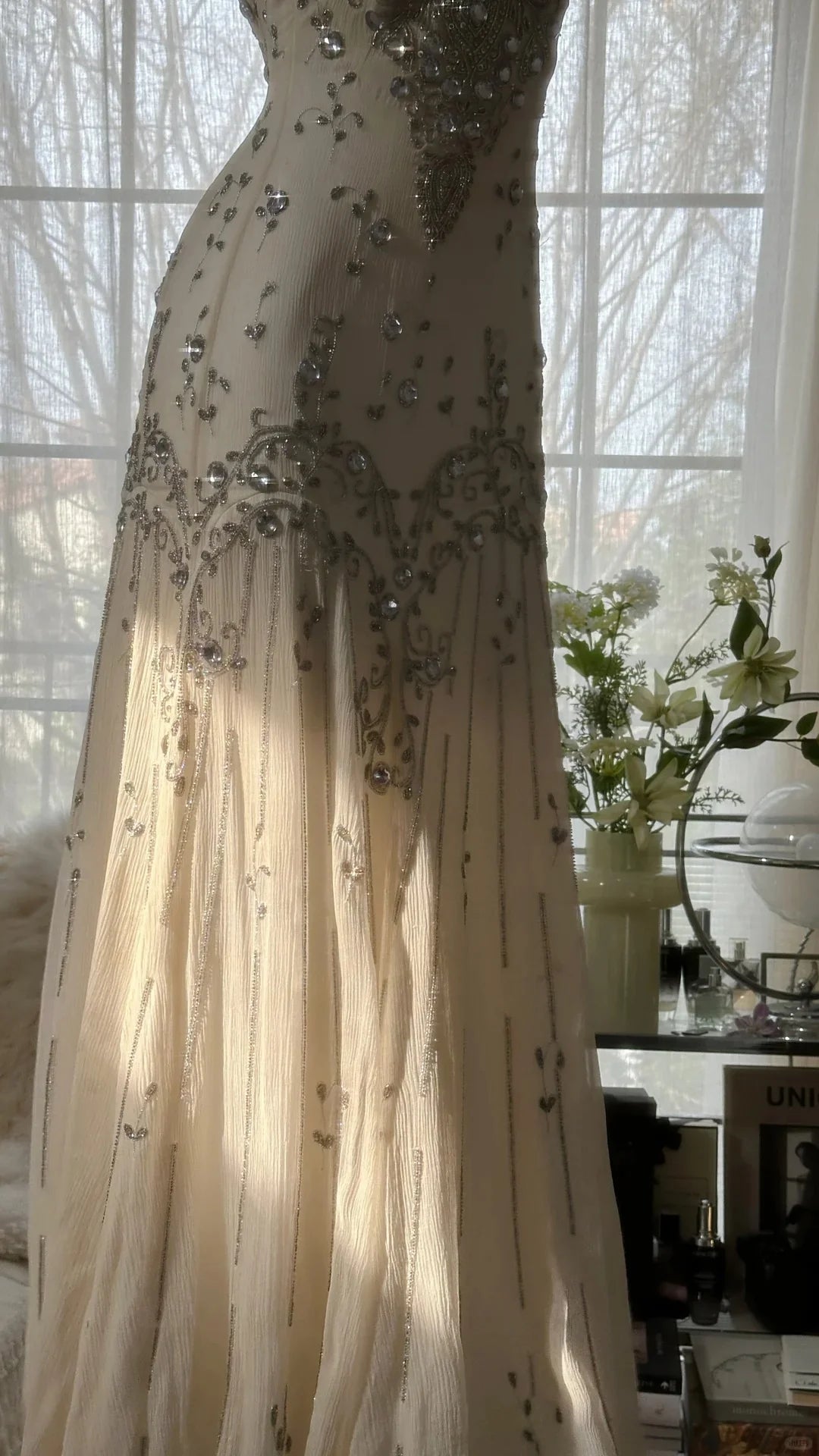 Vintage Square Neck Light Champagne Long Evening Dress Prom Dress With Beaded