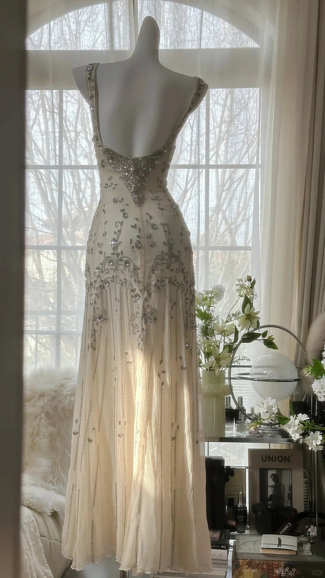 Vintage Square Neck Light Champagne Long Evening Dress Prom Dress With Beaded