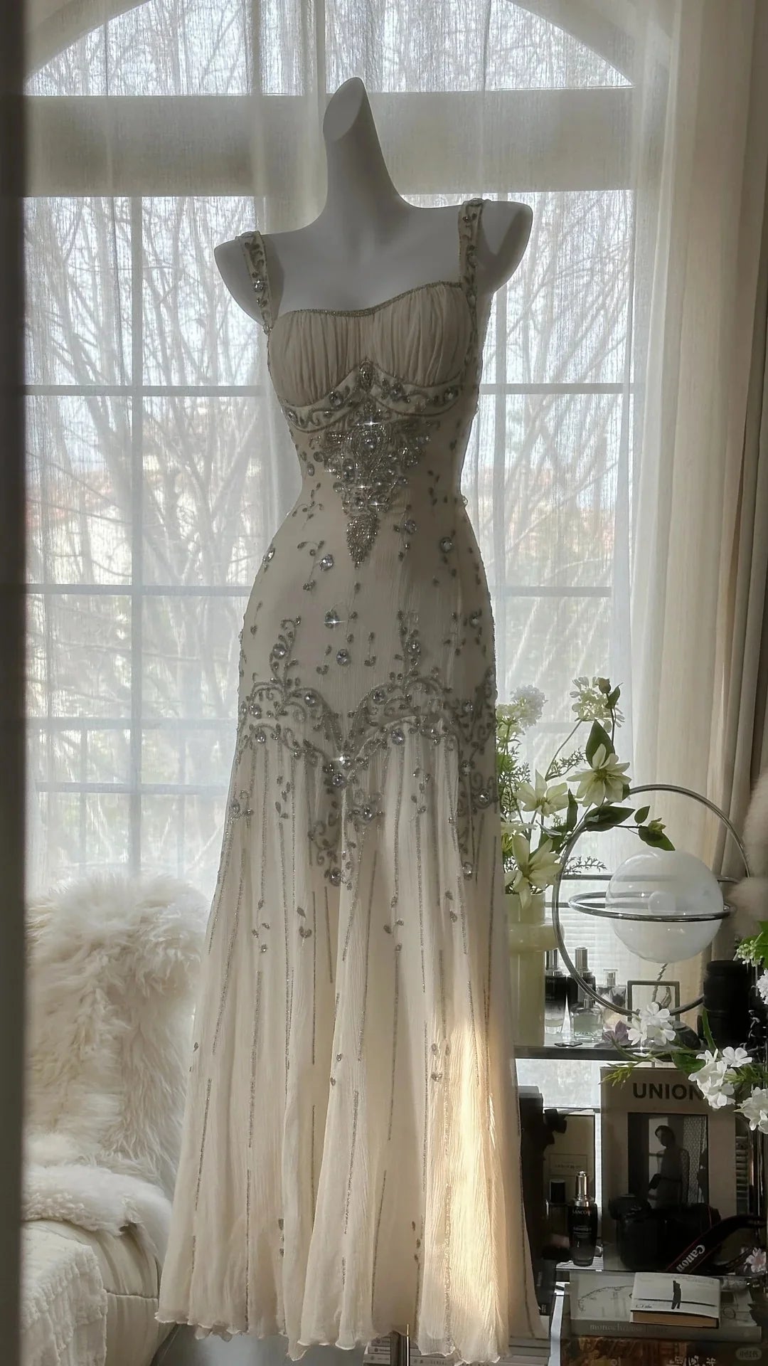 Vintage Square Neck Light Champagne Long Evening Dress Prom Dress With Beaded