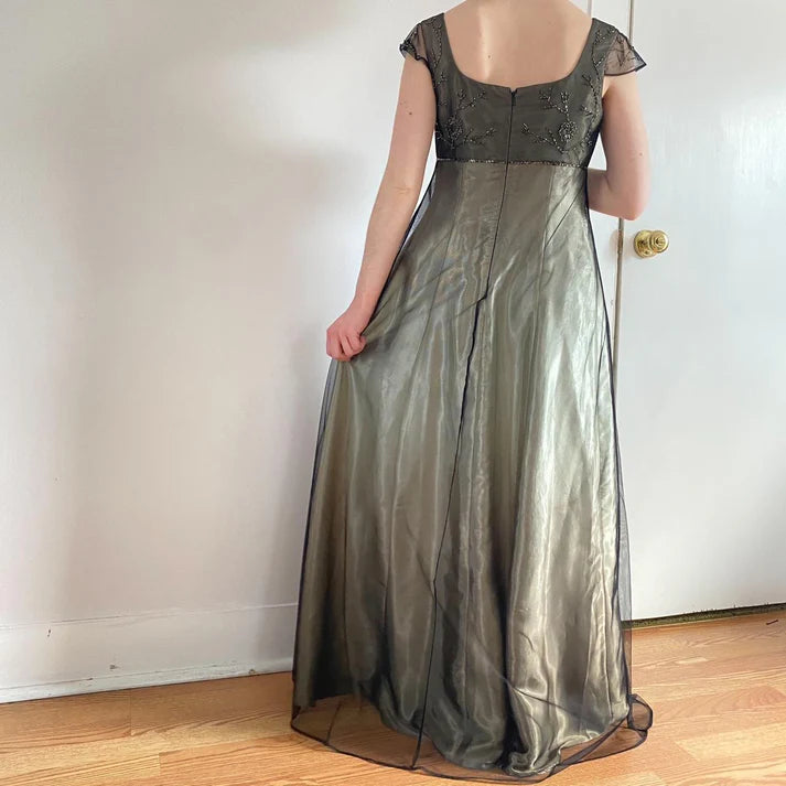 Vintage Square Neck Short Sleeve High Waist Beaded Satin Gold Long Party Dress