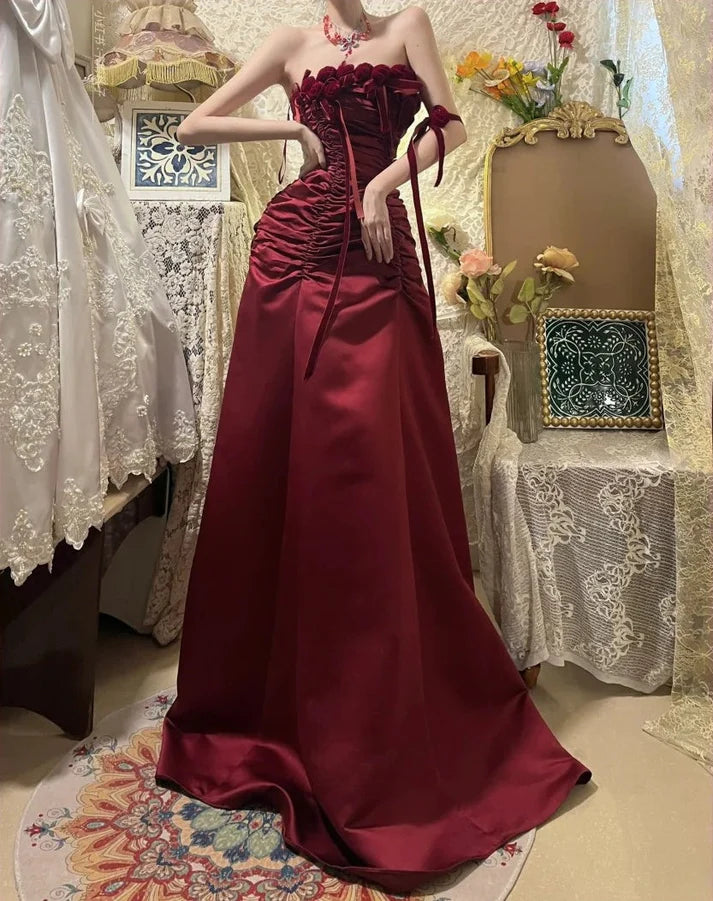 Vintage Strapless 3D Floral Pleated Satin Burgundy Long Party Dress