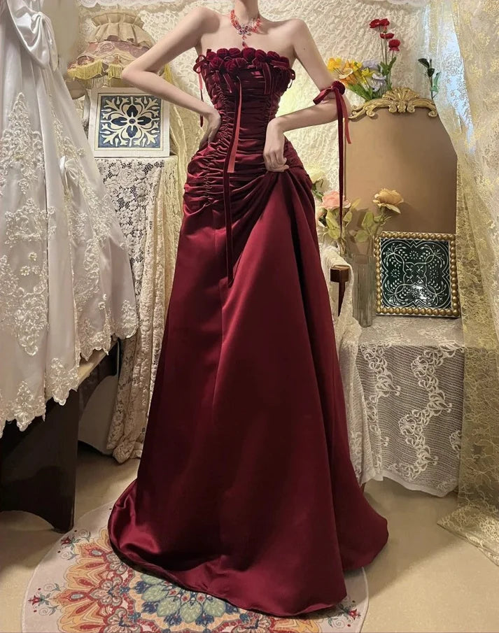 Vintage Strapless 3D Floral Pleated Satin Burgundy Long Party Dress