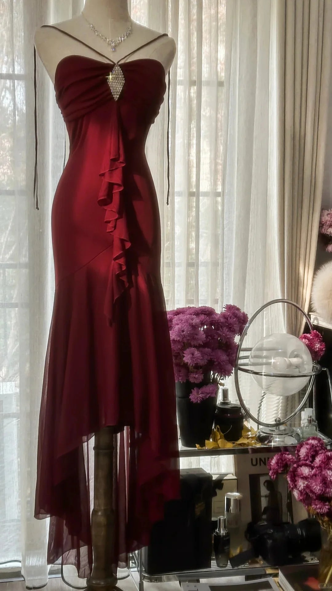 Vintage Strapless Ruffle Burgundy High Low Evening Dress Prom Dress