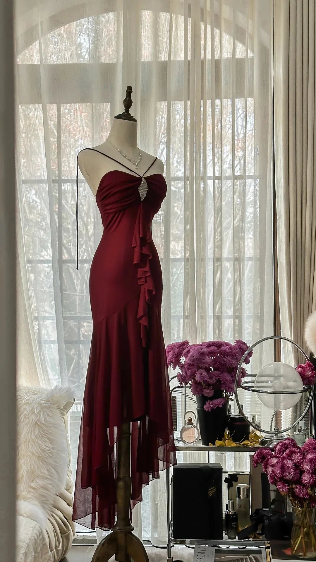 Vintage Strapless Ruffle Burgundy High Low Evening Dress Prom Dress