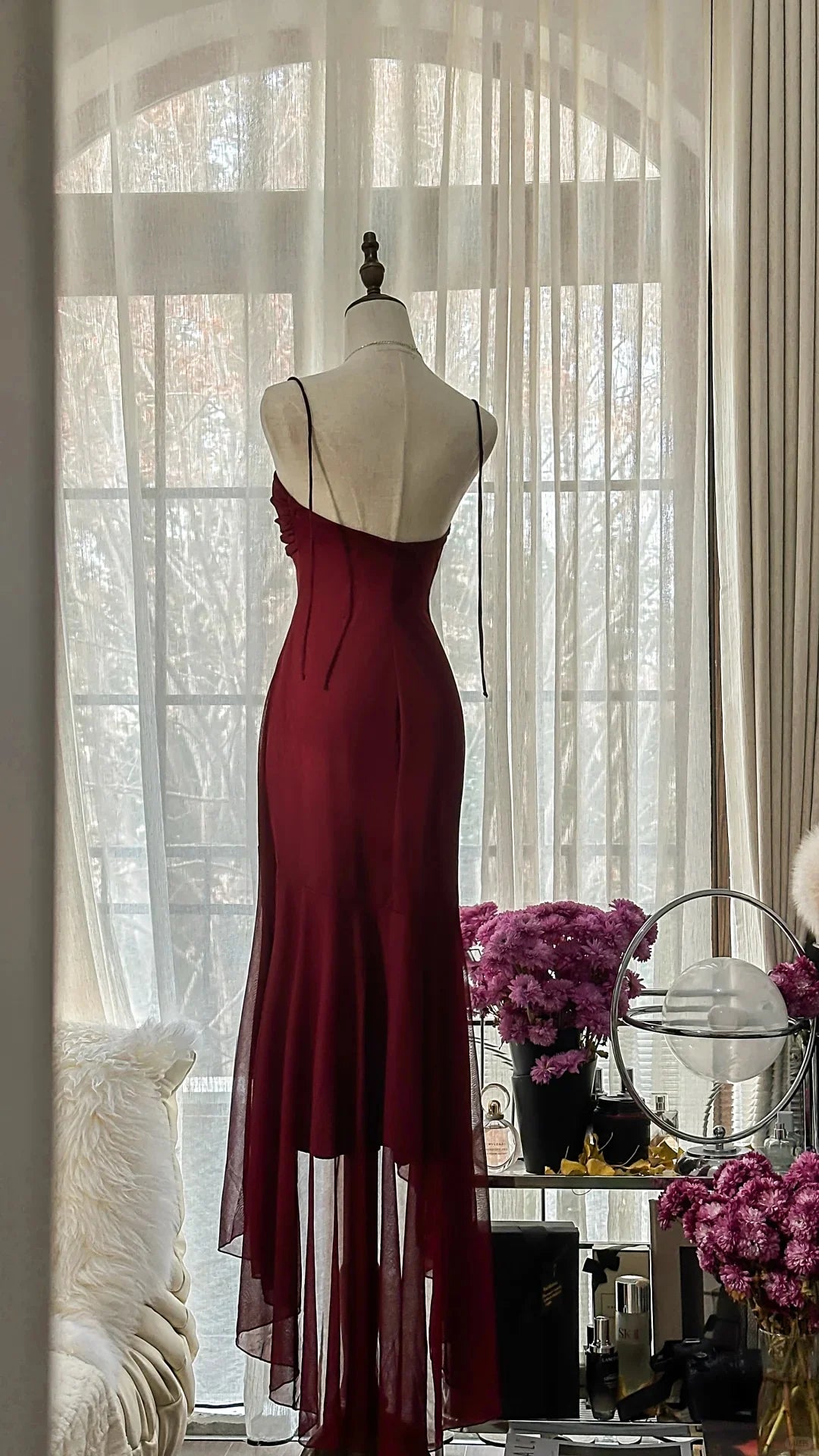 Vintage Strapless Ruffle Burgundy High Low Evening Dress Prom Dress
