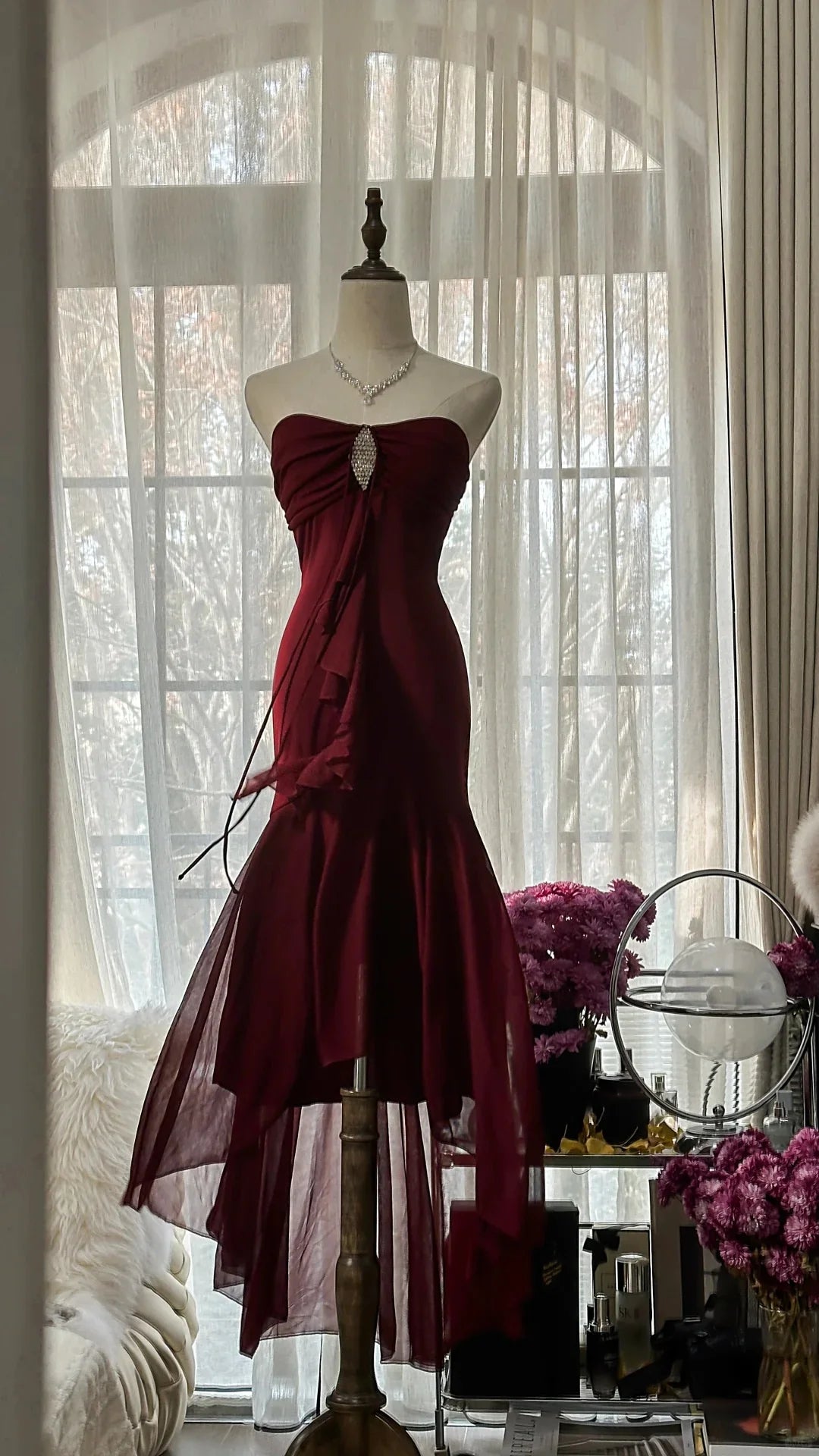 Vintage Strapless Ruffle Burgundy High Low Evening Dress Prom Dress