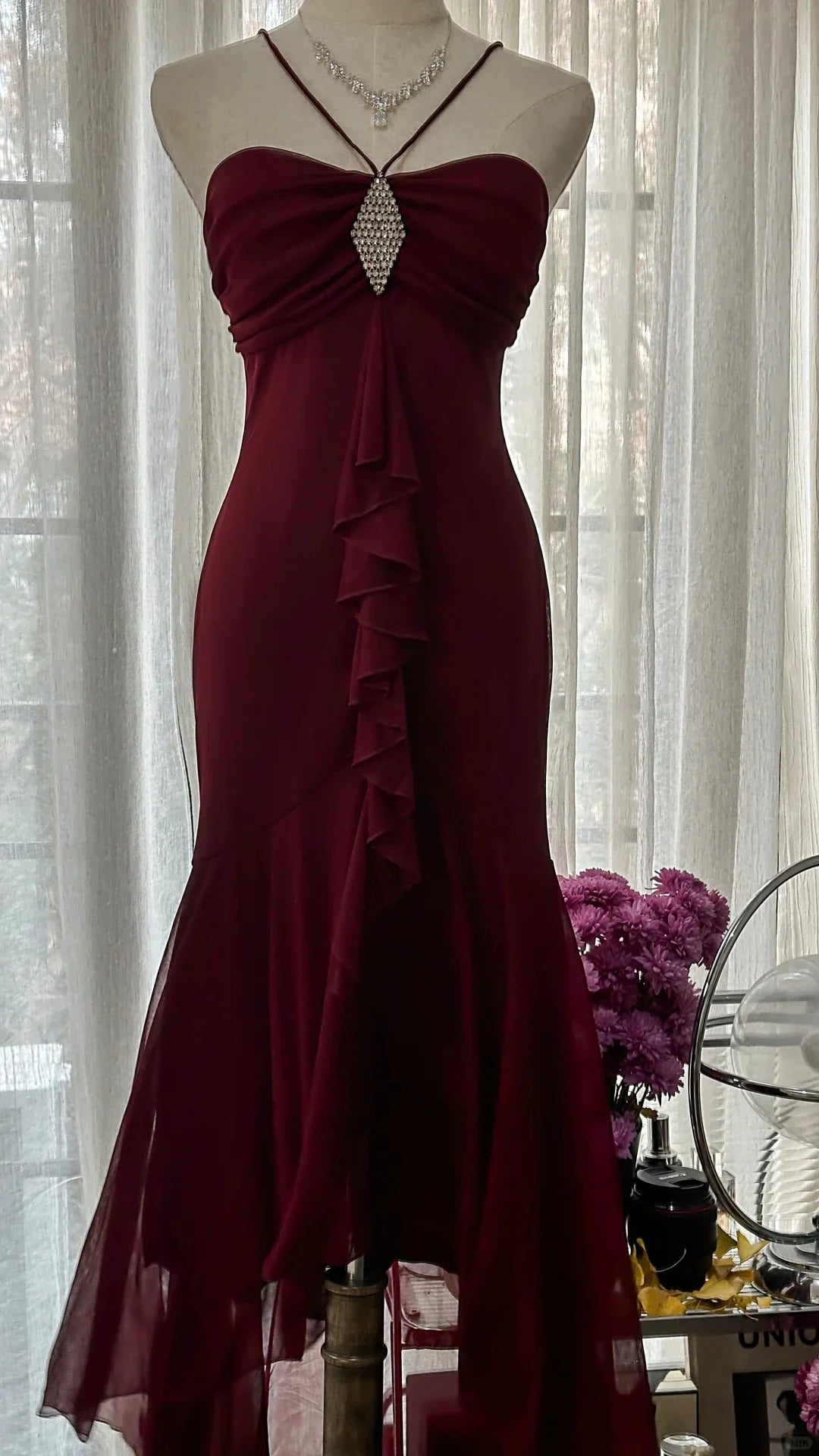 Vintage Strapless Ruffle Burgundy High Low Evening Dress Prom Dress