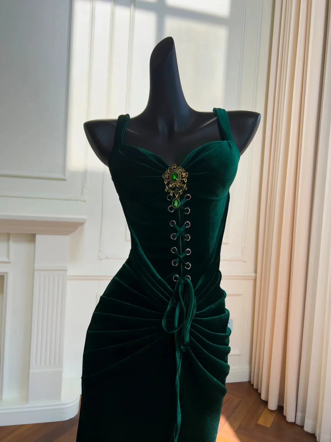 Vintage Sweetheart Pleated Velvet Green Long Prom Dress Evening Dress