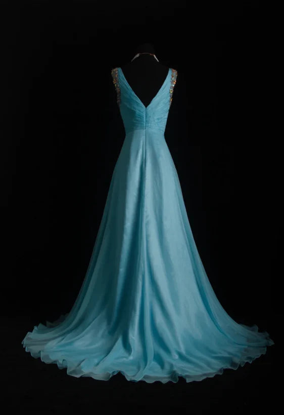 Vintage V-neck A-Line Beaded Chiffon Turquoise Evening Dresses Prom Dresses