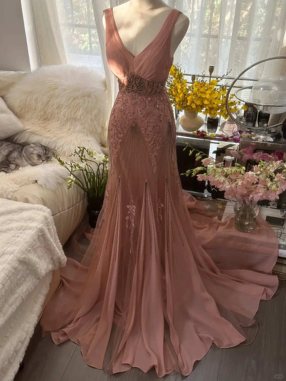 Vintage V Neck Pleated Beaded Chiffon Pink Long Evening Dress Prom Dress
