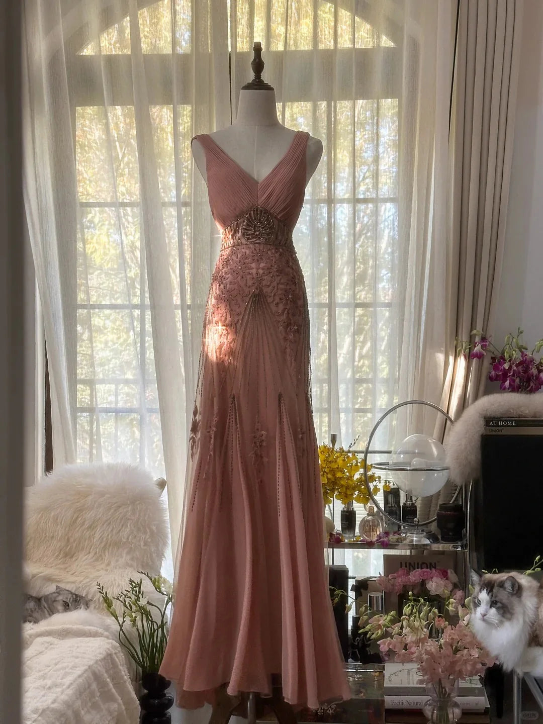 Vintage V Neck Pleated Beaded Chiffon Pink Long Evening Dress Prom Dress