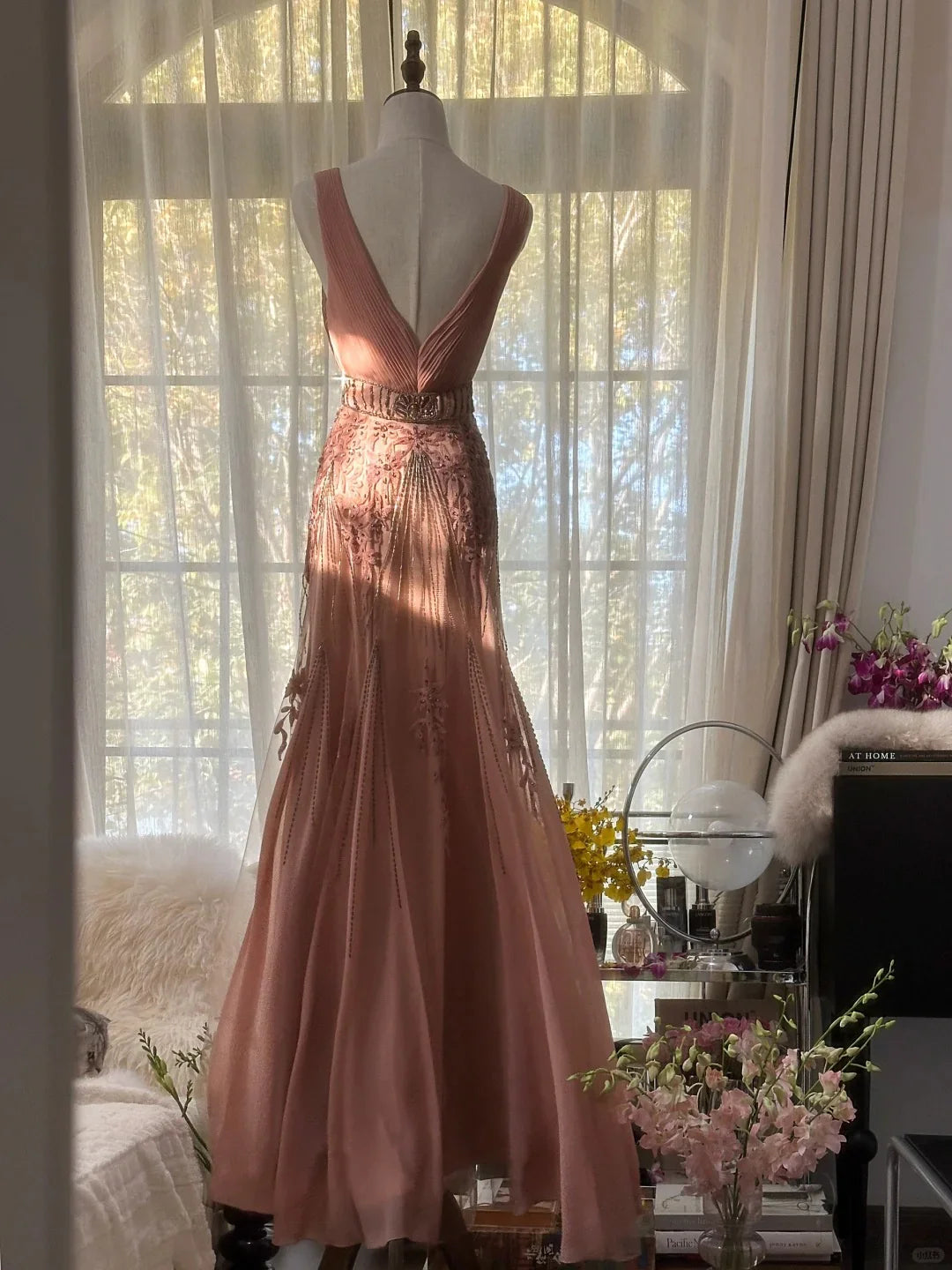 Vintage V Neck Pleated Beaded Chiffon Pink Long Evening Dress Prom Dress