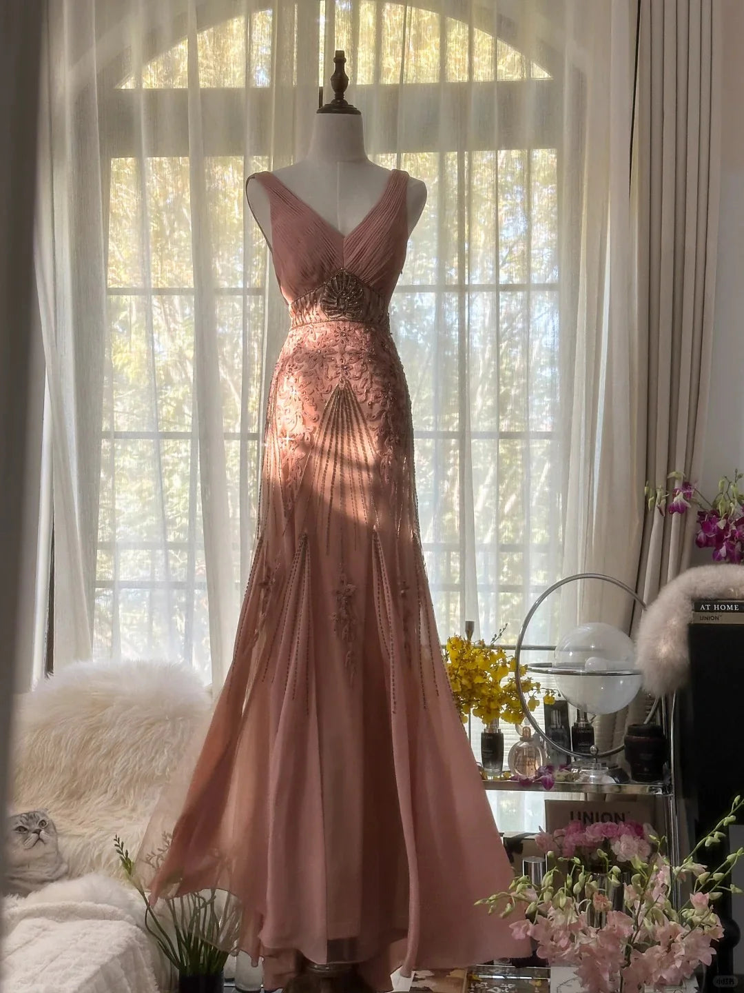 Vintage V Neck Pleated Beaded Chiffon Pink Long Evening Dress Prom Dress