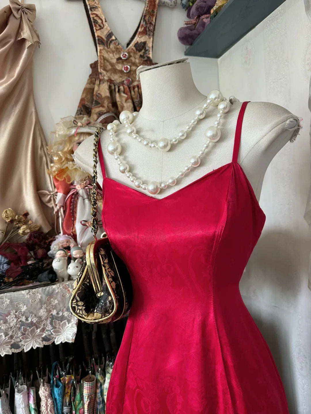 Vintage V Neck Spaghetti Straps High Low Printed Satin Red Prom Dress