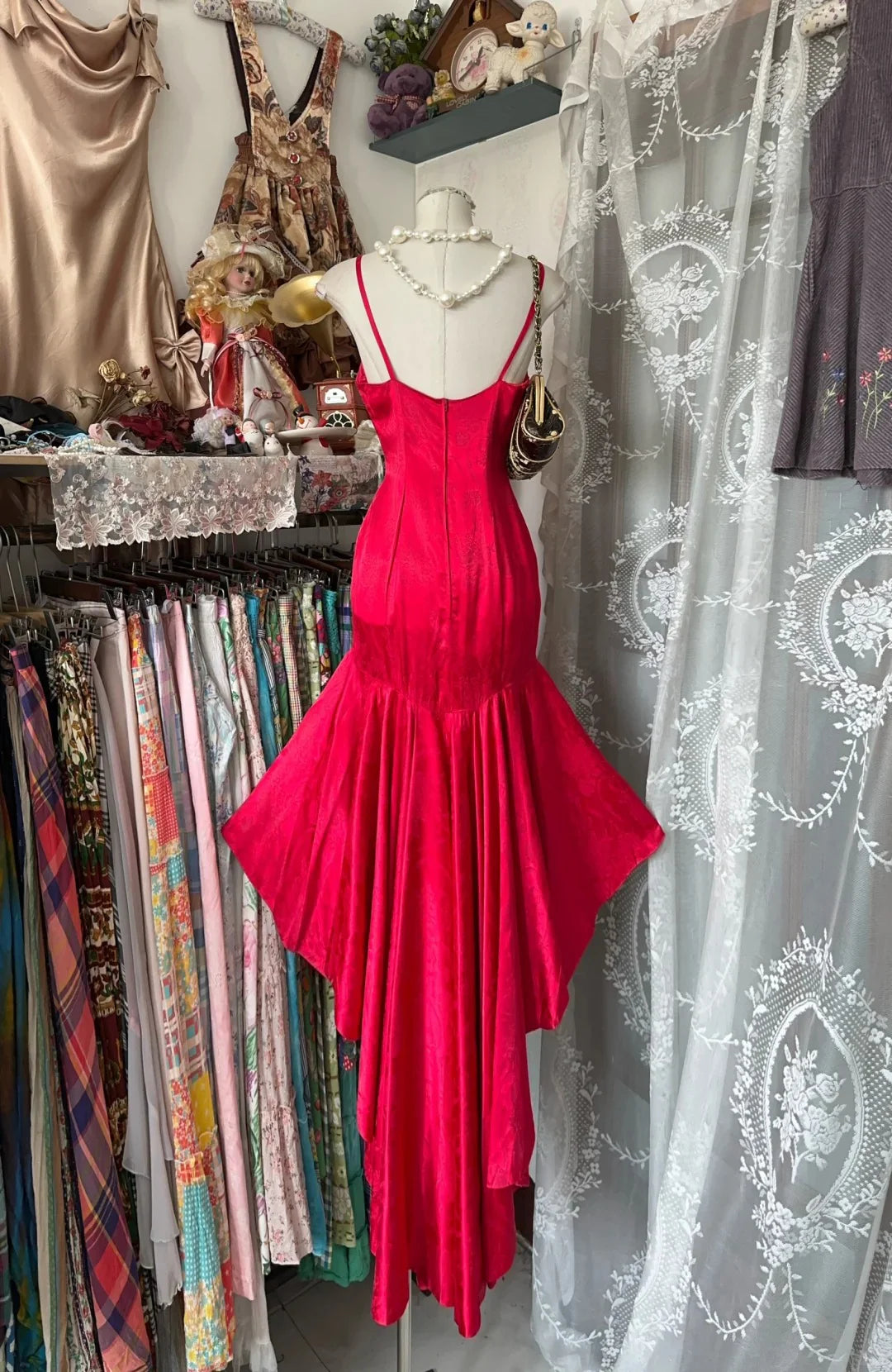 Vintage V Neck Spaghetti Straps High Low Printed Satin Red Prom Dress