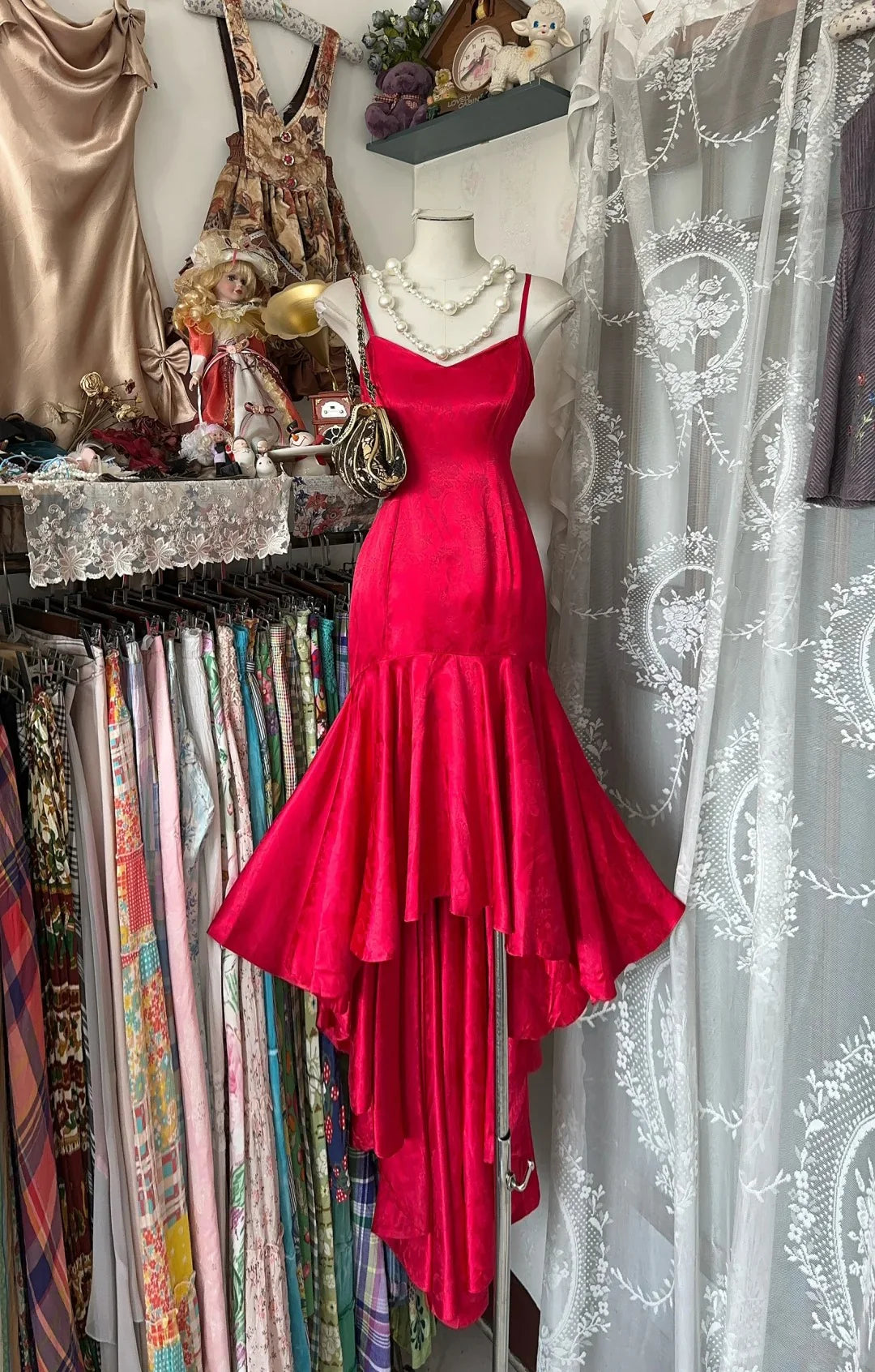 Vintage V Neck Spaghetti Straps High Low Printed Satin Red Prom Dress