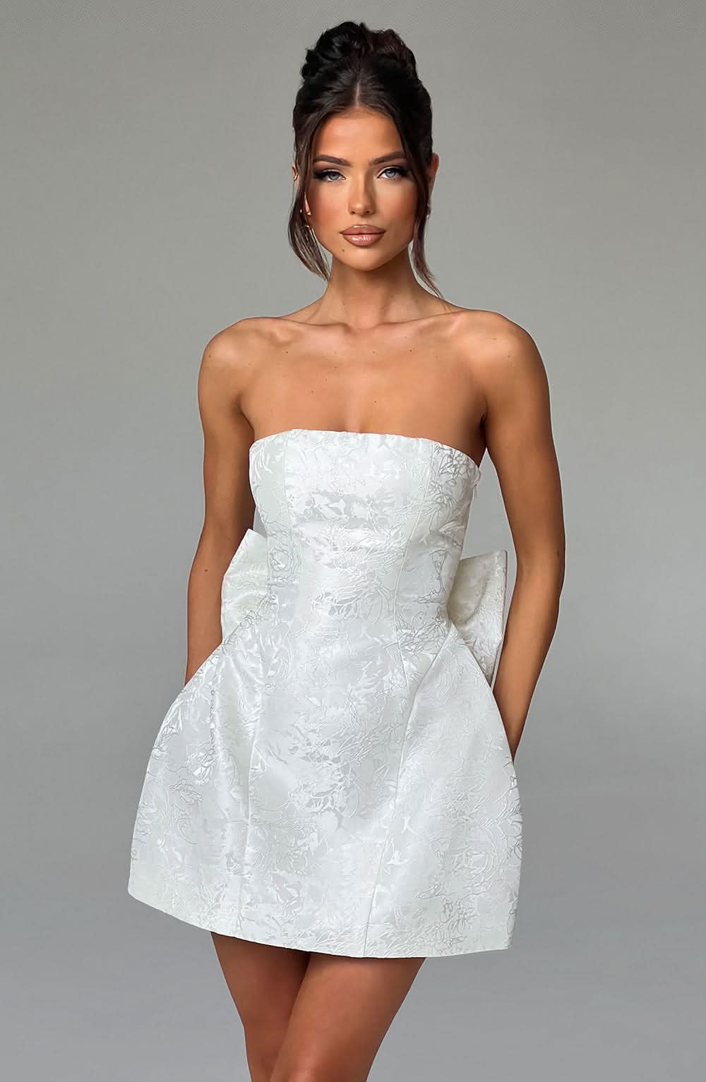 Vintage A-Line Strapless Bow-Back Jacquard Ivory Mini Homecoming Dresses