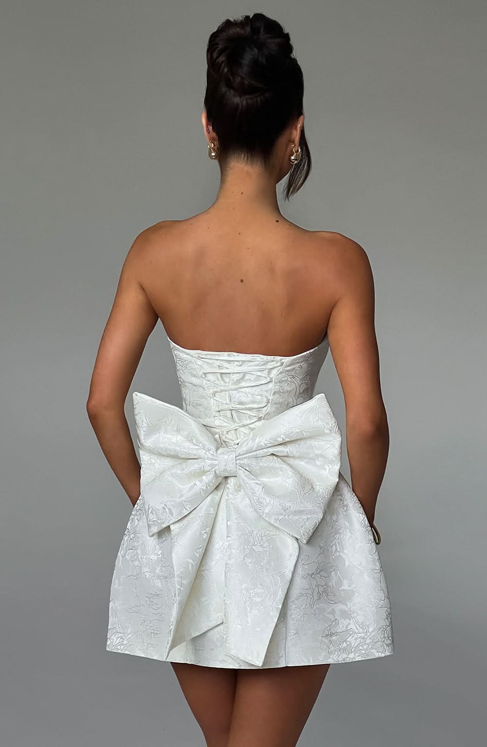 Vintage A-Line Strapless Bow-Back Jacquard Ivory Mini Homecoming Dresses