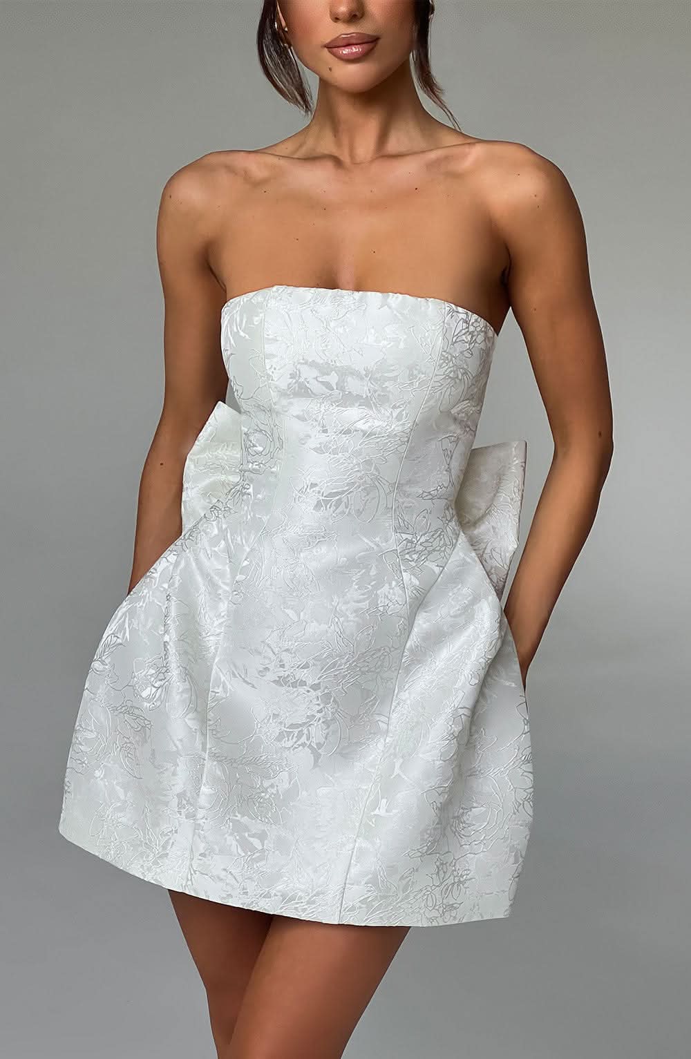 Vintage A-Line Strapless Bow-Back Jacquard Ivory Mini Homecoming Dresses