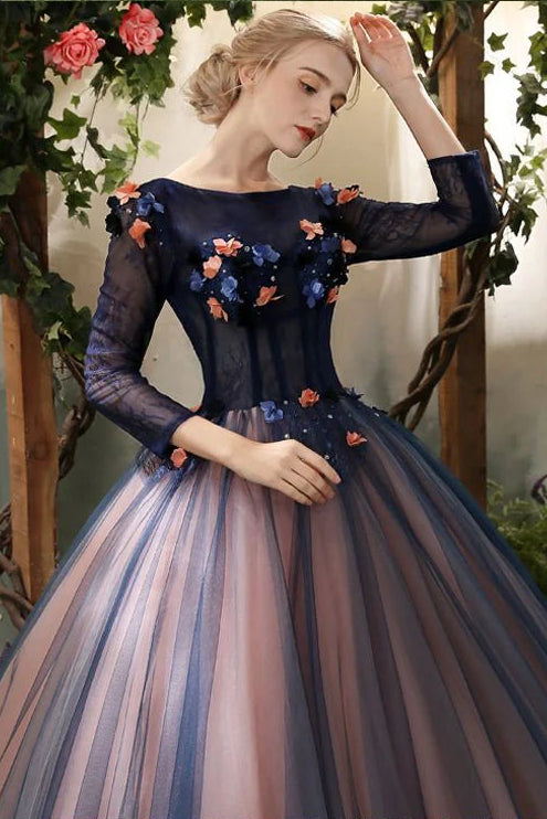 Vintage A line Boat Neck 3/4 Sleeve Applique Navy Blue Long Prom Dress