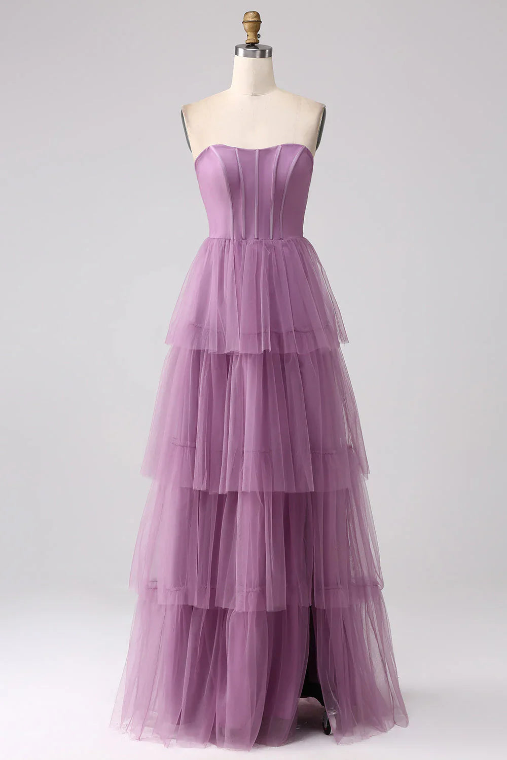 A Line Tulle Tiered Pleated Long Prom Dress With Slit