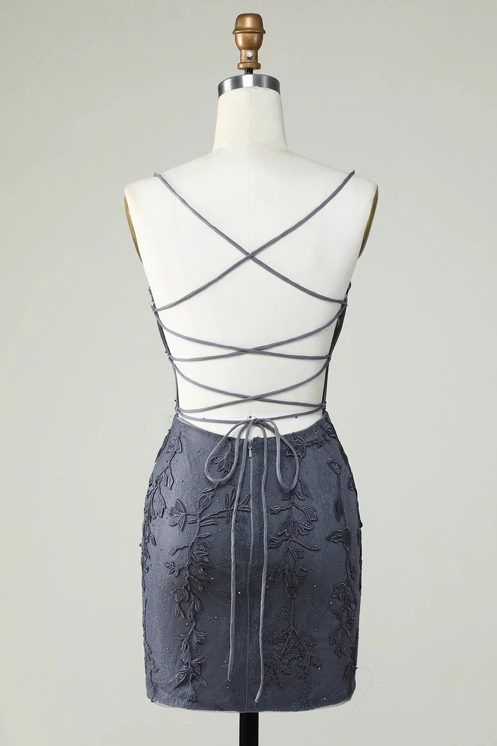 Dark Grey Spaghetti Straps Tight Homecoming Dress With Appliques