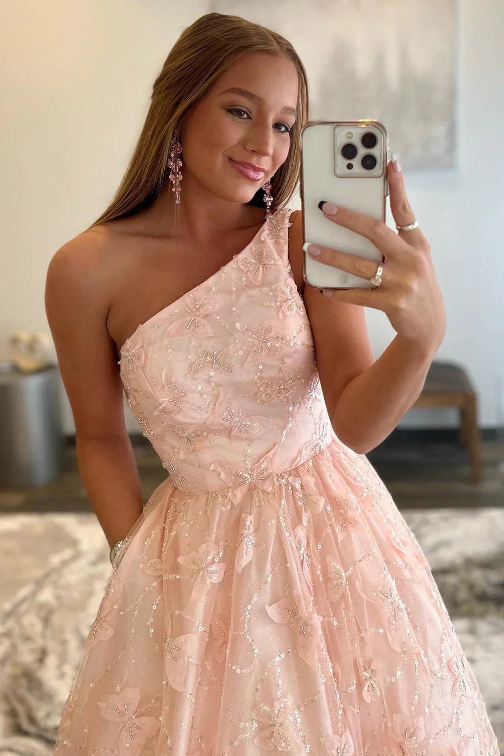 One Shoulder Appliques Light Pink Prom Dress With Pockets