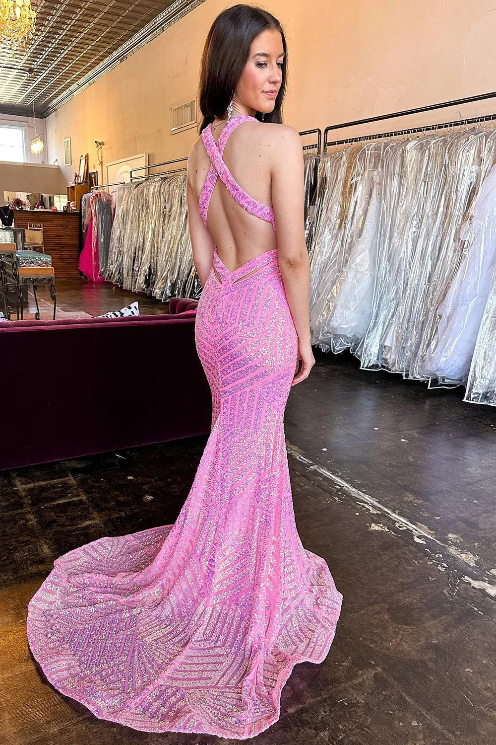 Mermaid Halter Sequins Hot Pink  Cross Back Prom Dress