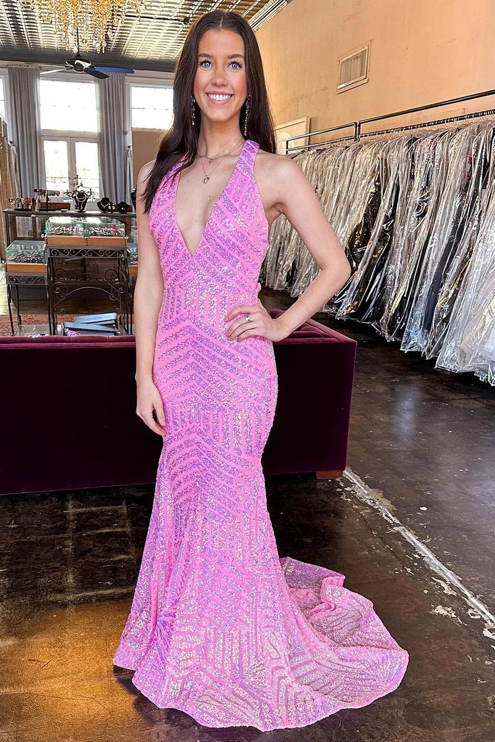 Mermaid Halter Sequins Hot Pink  Cross Back Prom Dress