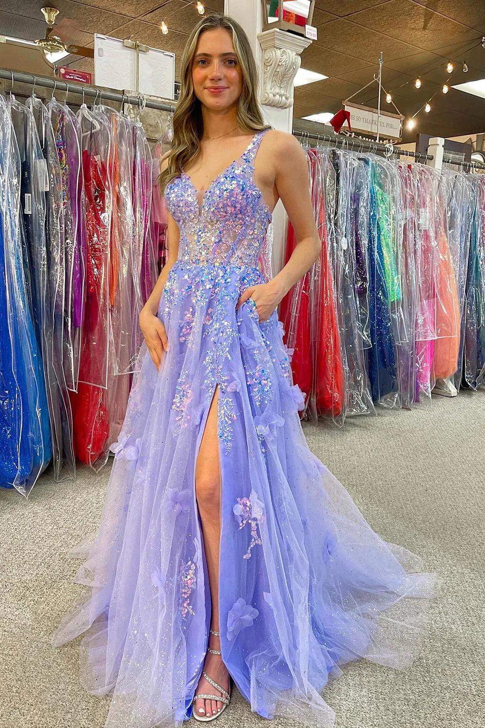 Appliqued Sequins Tulle Sweetheart  Lavender  Prom Dress With Slit