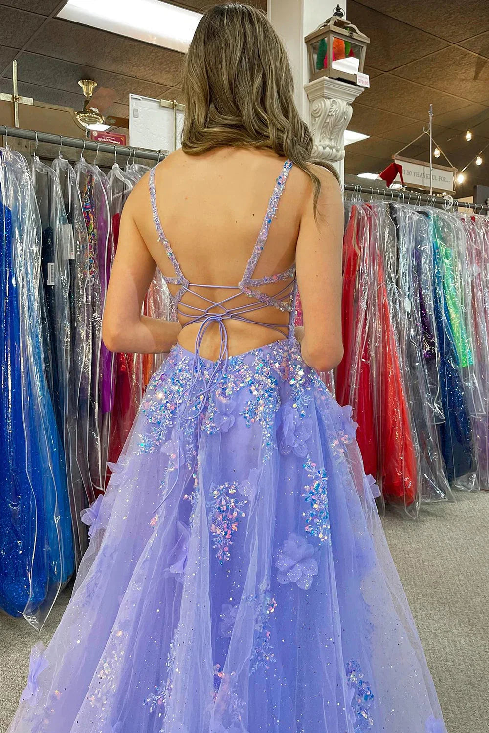 Appliqued Sequins Tulle Sweetheart  Lavender  Prom Dress With Slit