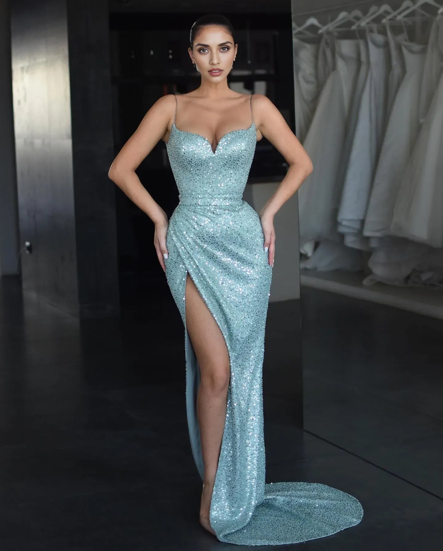 Formal Women's Dresses Elegant Blue Mermaid Prom Dresses Spaghetti Sequins Evening Dress Lace Up Back Pleats Split Formal Long Special Occasion Party dress Prom Dress Stores
