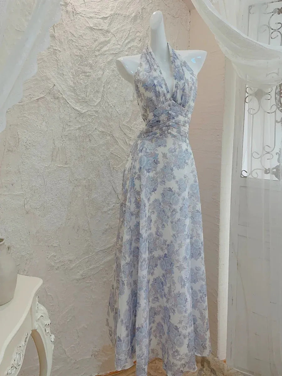 Whimsical A-Line Halter Sleeveless Floral-Printed Blue Midi-Length Prom Dress For Women Ready To Ship