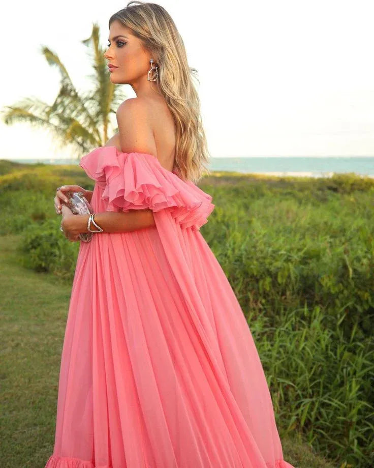 Whimsical A-Line Off-Shoulder Tiered Ruffled Coral Floor-Length Prom Dress