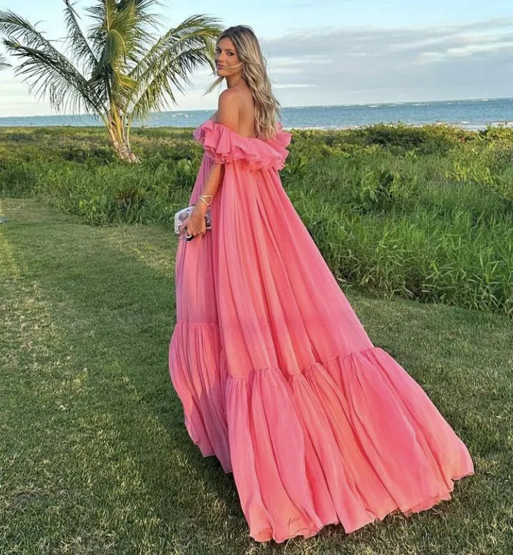 Whimsical A-Line Off-Shoulder Tiered Ruffled Coral Floor-Length Prom Dress