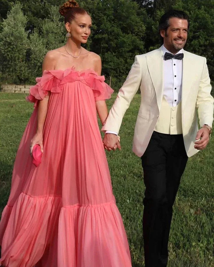 Whimsical A-Line Off-Shoulder Tiered Ruffled Coral Floor-Length Prom Dress