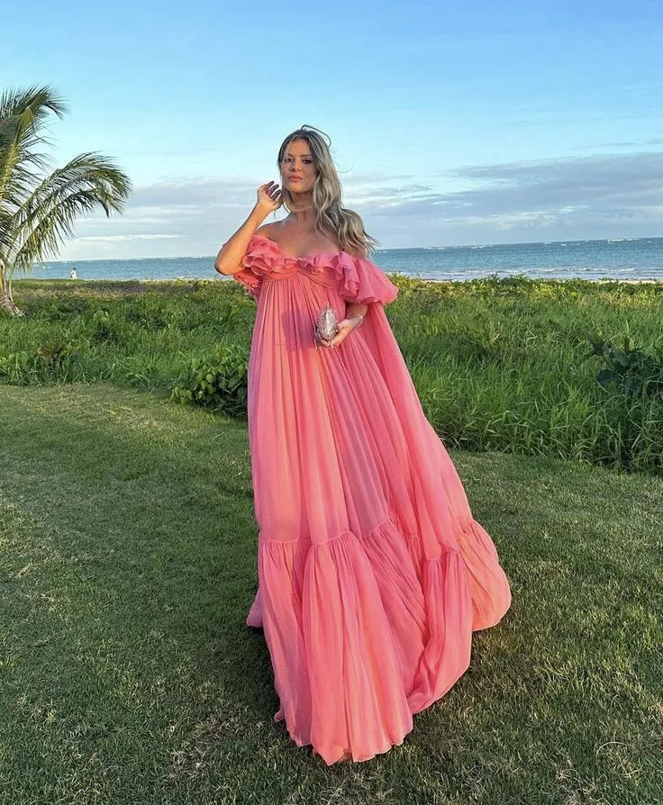 Whimsical A-Line Off-Shoulder Tiered Ruffled Coral Floor-Length Prom Dress