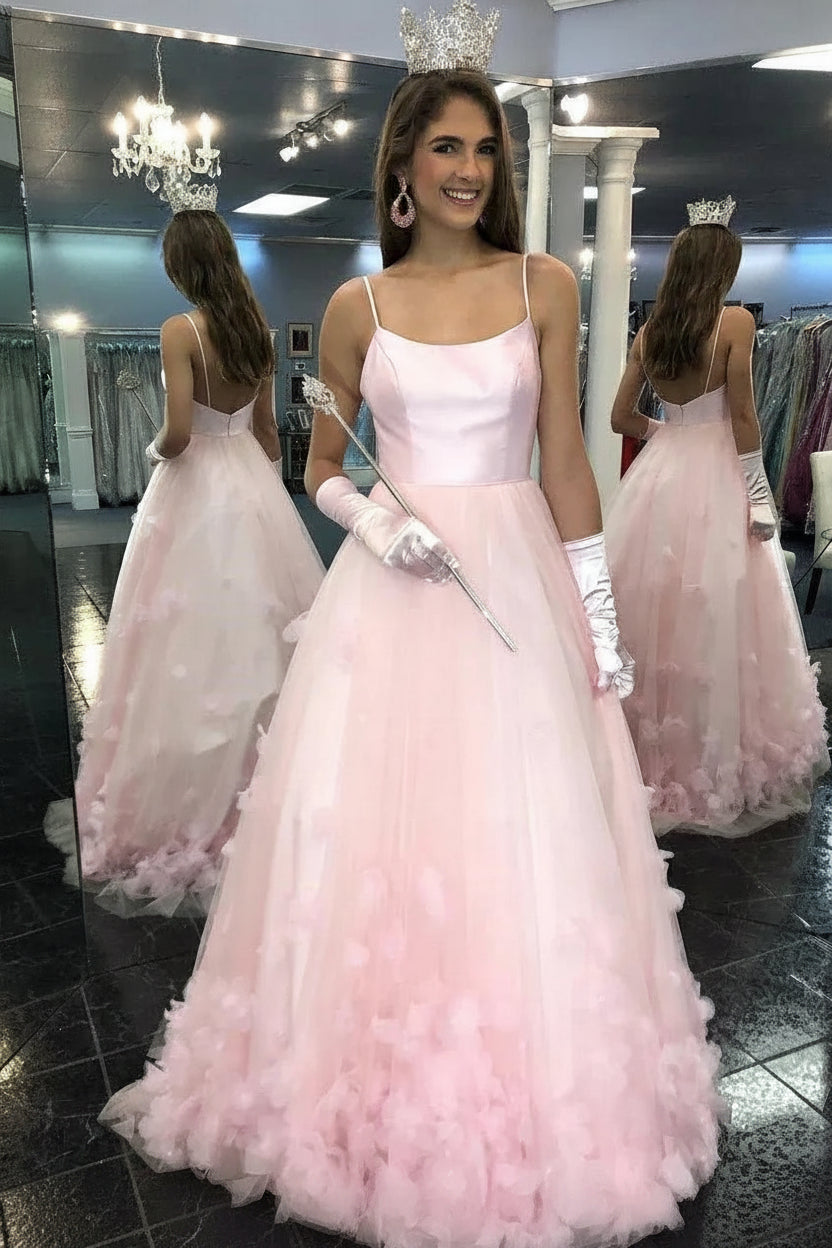 Whimsical A-Line Spaghetti Straps Floral Appliques Tulle Pink Floor-Length Prom Dress