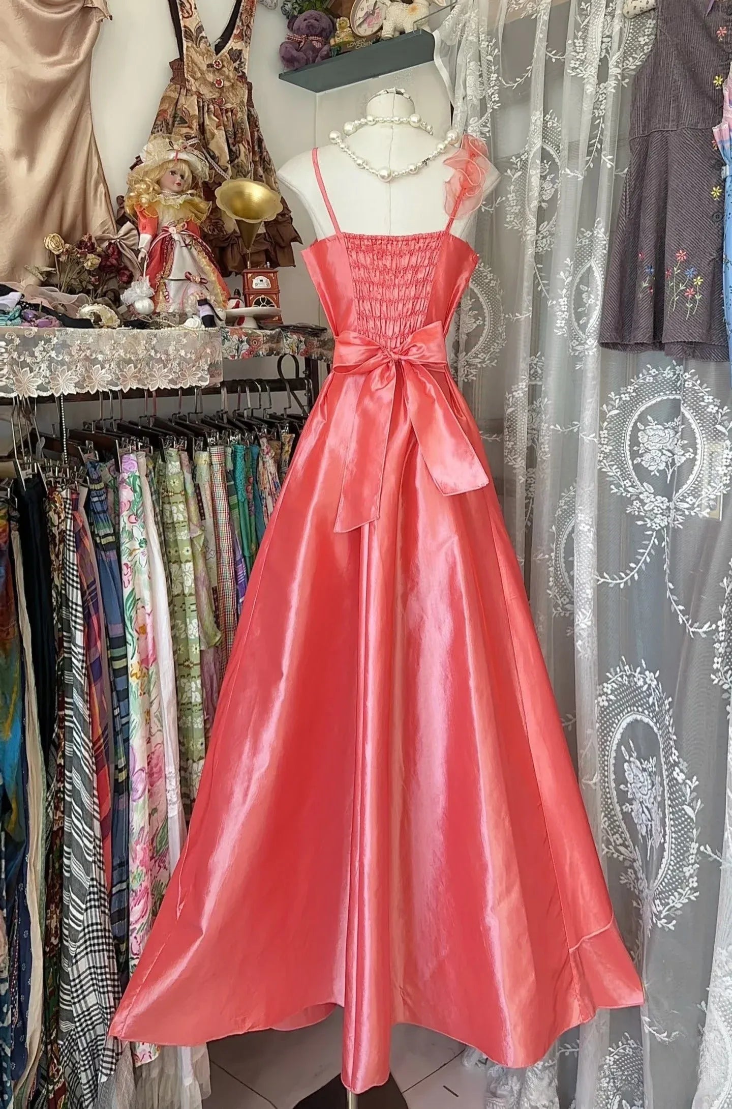 Whimsical A-Line Square-Neck Sleeveless Bow-Rose-Accent Coral Long Prom Dress for Women Ready to Ship