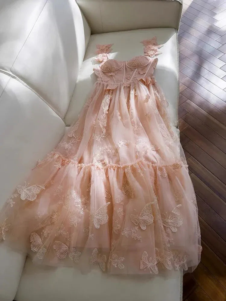 Whimsical A-Line Square Neck Sleeveless Butterfly Lace Blush Pink Maxi Prom Dress for Women Custom