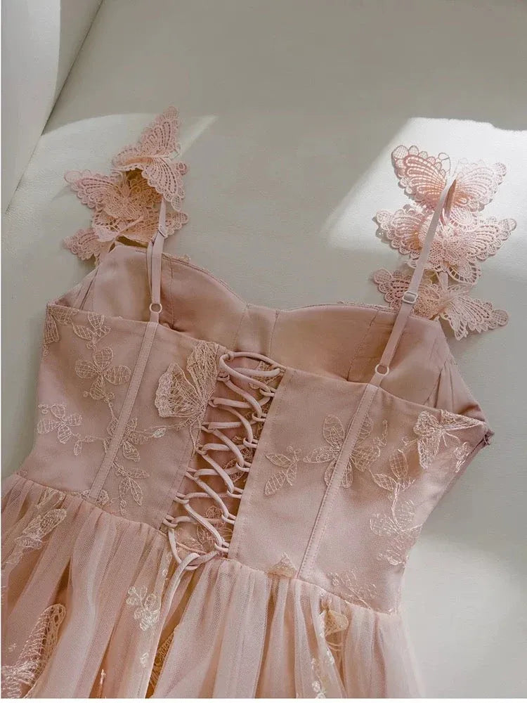 Whimsical A-Line Square Neck Sleeveless Butterfly Lace Blush Pink Maxi Prom Dress for Women Custom