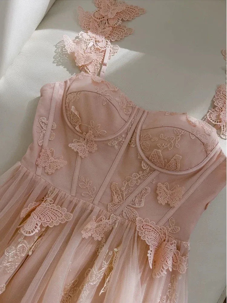 Whimsical A-Line Square Neck Sleeveless Butterfly Lace Blush Pink Maxi Prom Dress for Women Custom