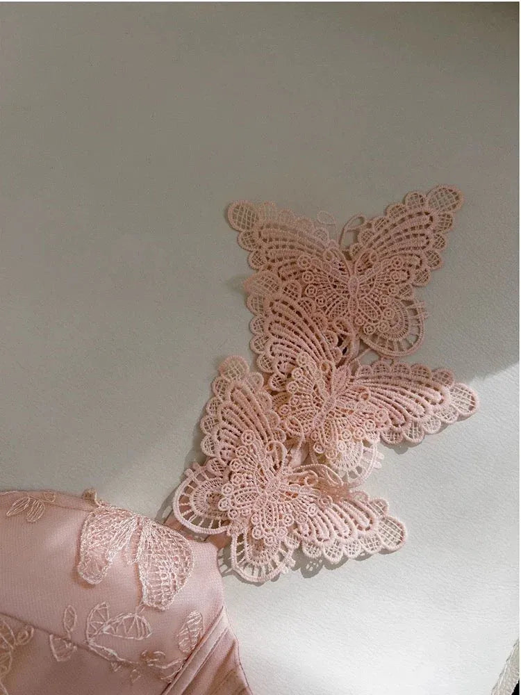 Whimsical A-Line Square Neck Sleeveless Butterfly Lace Blush Pink Maxi Prom Dress for Women Custom