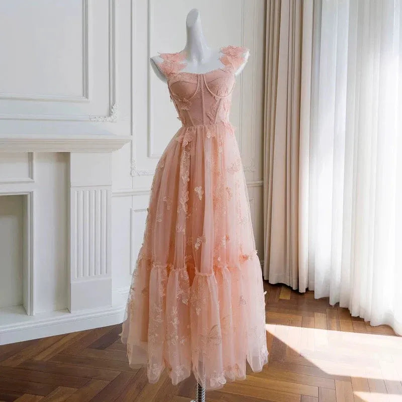 Whimsical A-Line Square Neck Sleeveless Butterfly Lace Blush Pink Maxi Prom Dress for Women Custom