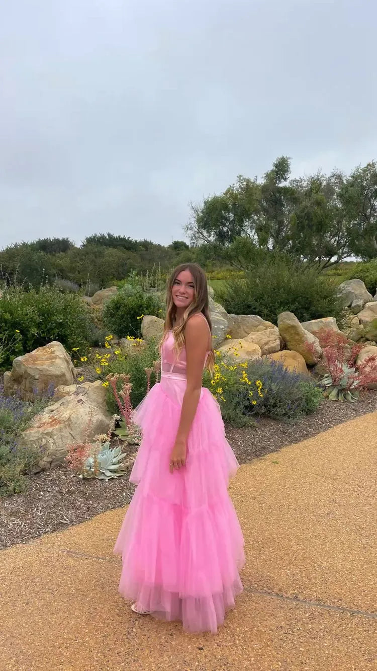 Whimsical A-Line Square Neck Spaghetti Strap Tiered Tulle Pink Floor-Length Prom Dress