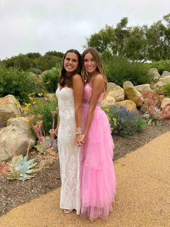 Whimsical A-Line Square Neck Spaghetti Strap Tiered Tulle Pink Floor-Length Prom Dress