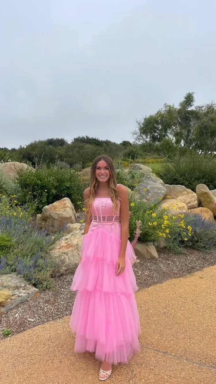 Whimsical A-Line Square Neck Spaghetti Strap Tiered Tulle Pink Floor-Length Prom Dress